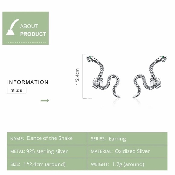 925 Sterling Silver Snake Studs Punk Earrings, Unisex Hypoallergenic Earrings - Picture 7 of 8